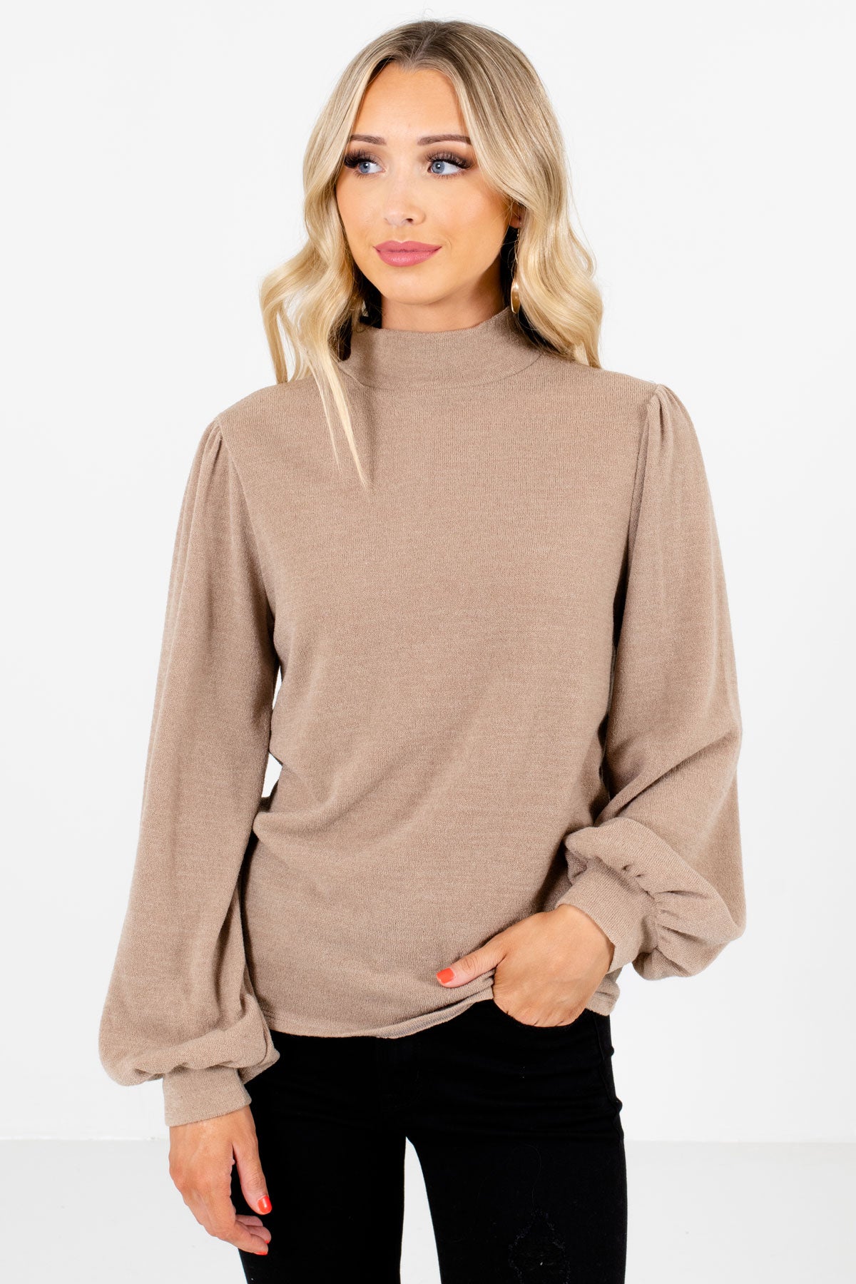 Taupe Brown Mock Neckline Boutique Tops for Women