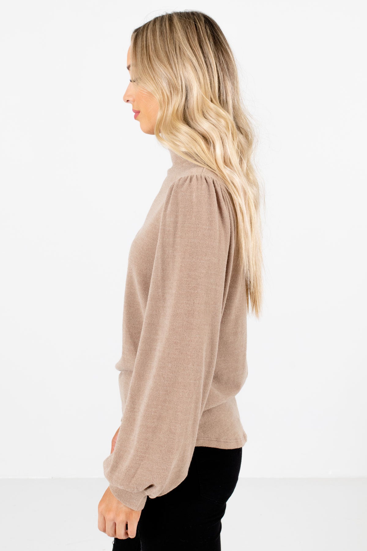 Taupe Brown Bishop Sleeve Boutique Tops for Women