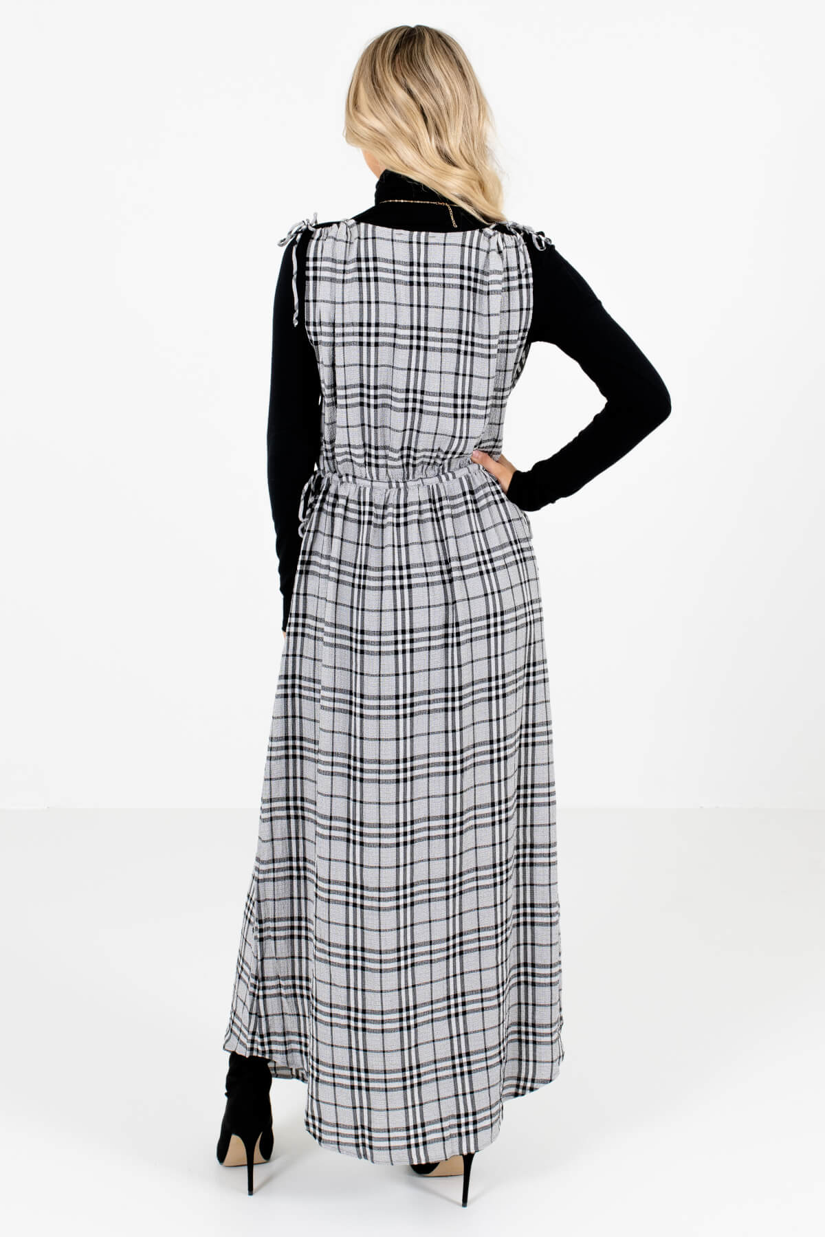 Women's Gray Plaid Wrap Style Bodice Boutique Maxi Dress