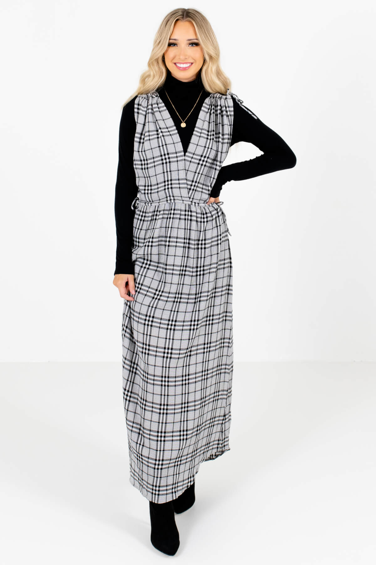 Gray and Black Plaid Patterned Boutique Maxi Dresses for Women