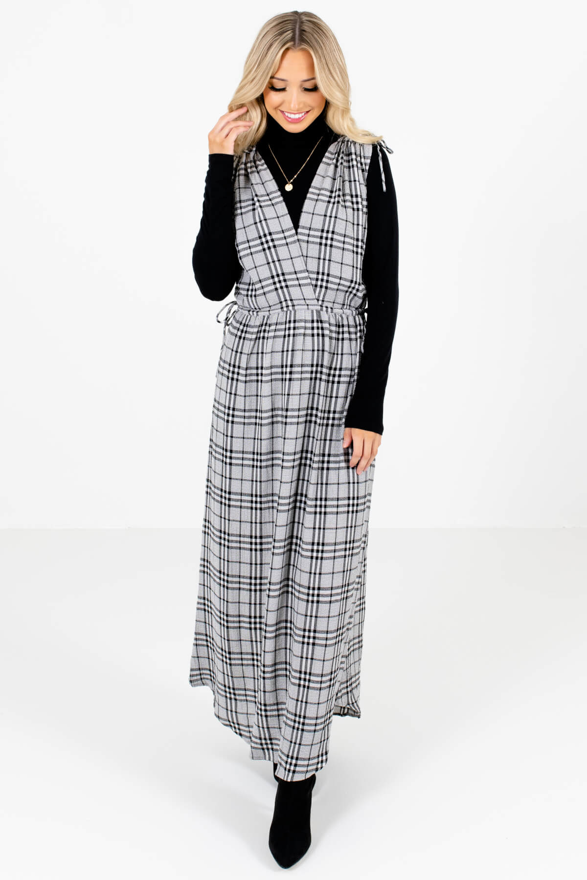 Gray Plaid Cute and Comfortable Boutique Maxi Dresses for Women