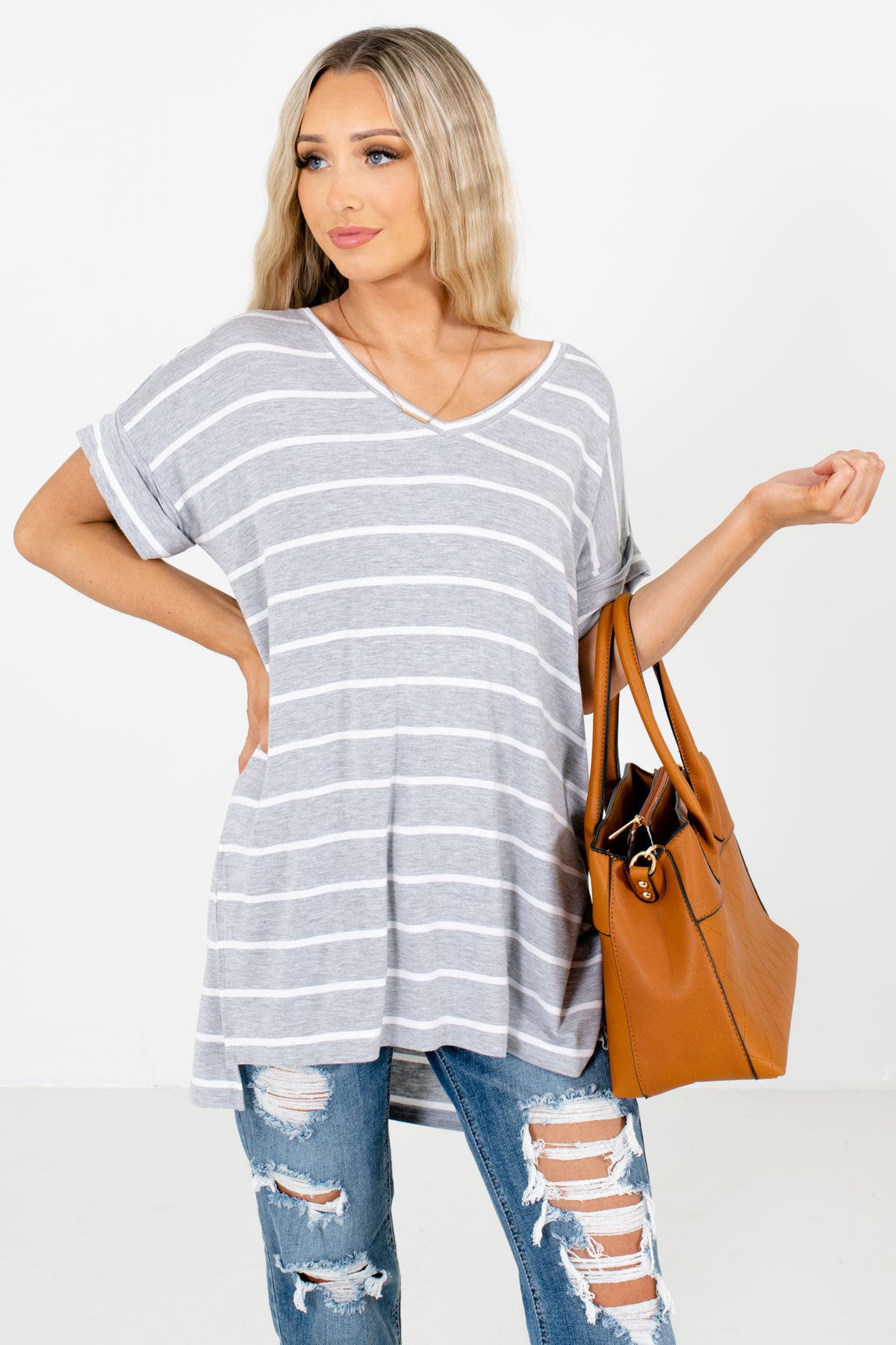 Heather Gray and White Striped Boutique Tops for Women