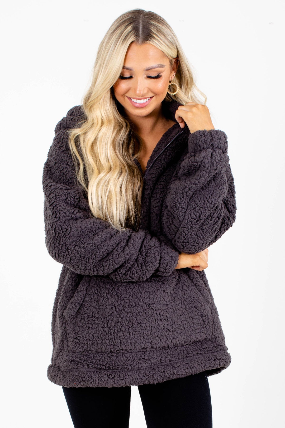 Charcoal Gray Sherpa Pullover Jacket for Women