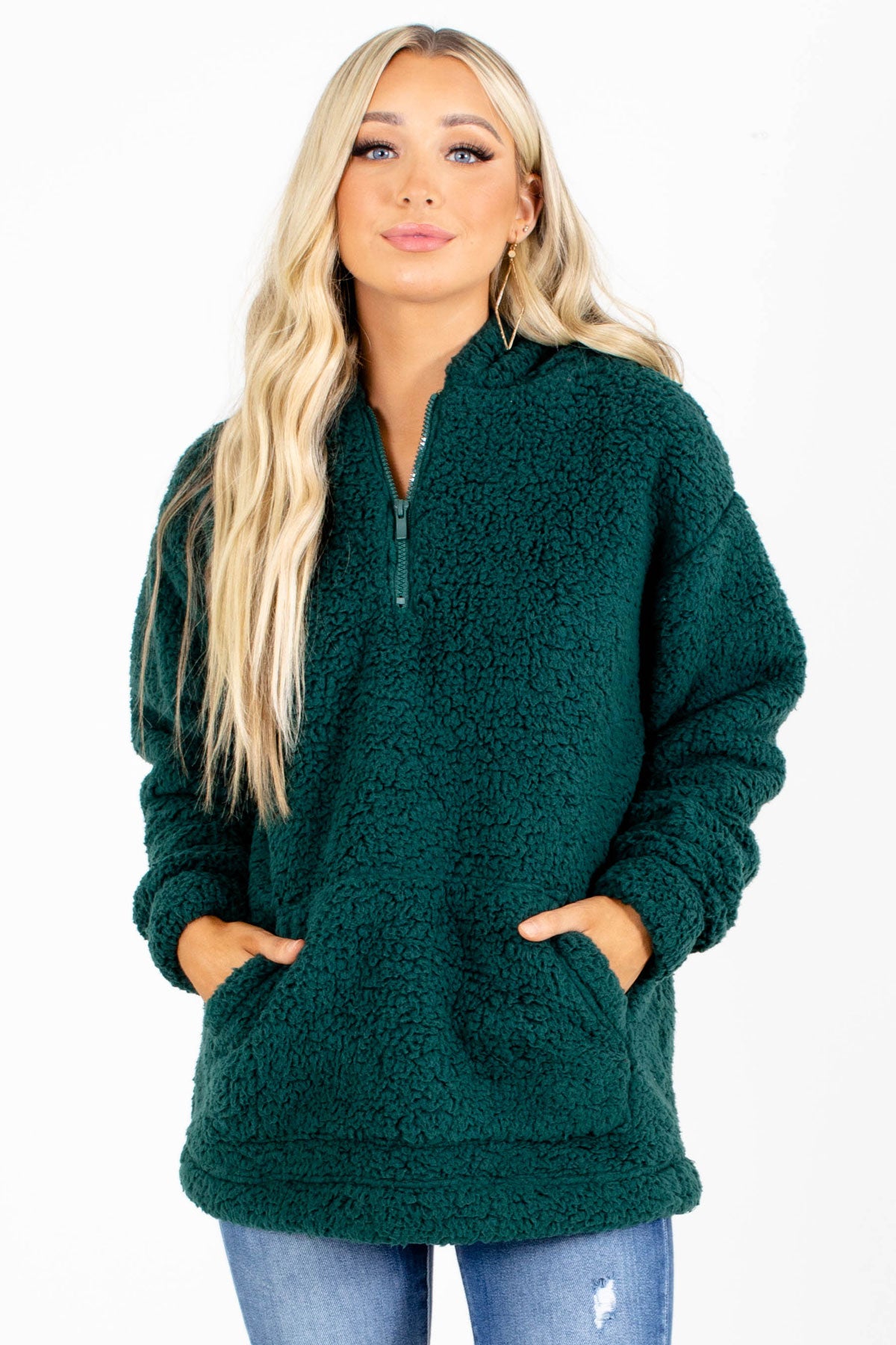 Hunter Green Sherpa Pullover Jacket for Women