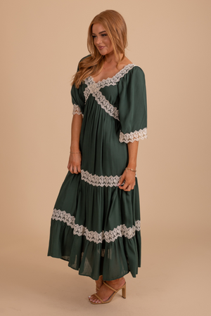 women's fall and winter lace detail maxi dress in a dark green color