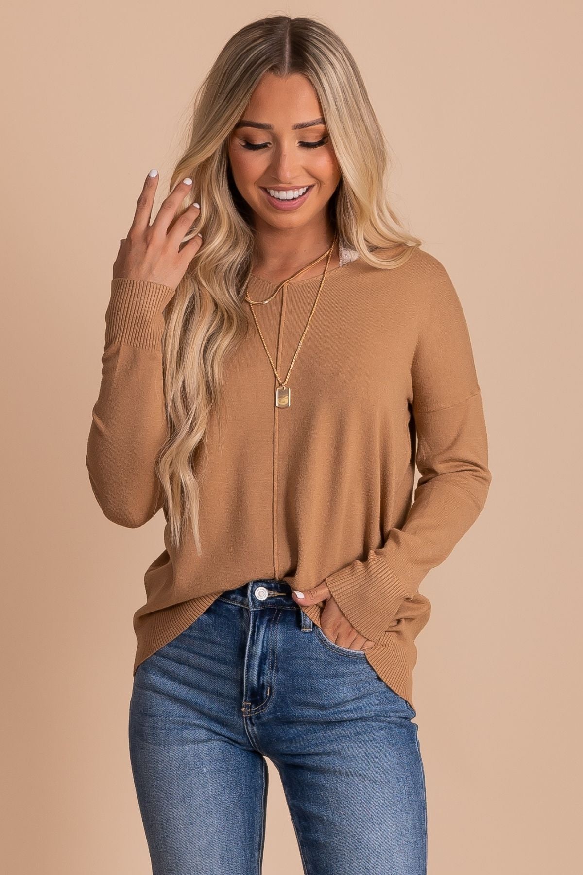 Camel Front Seam Boutique Sweaters for Women