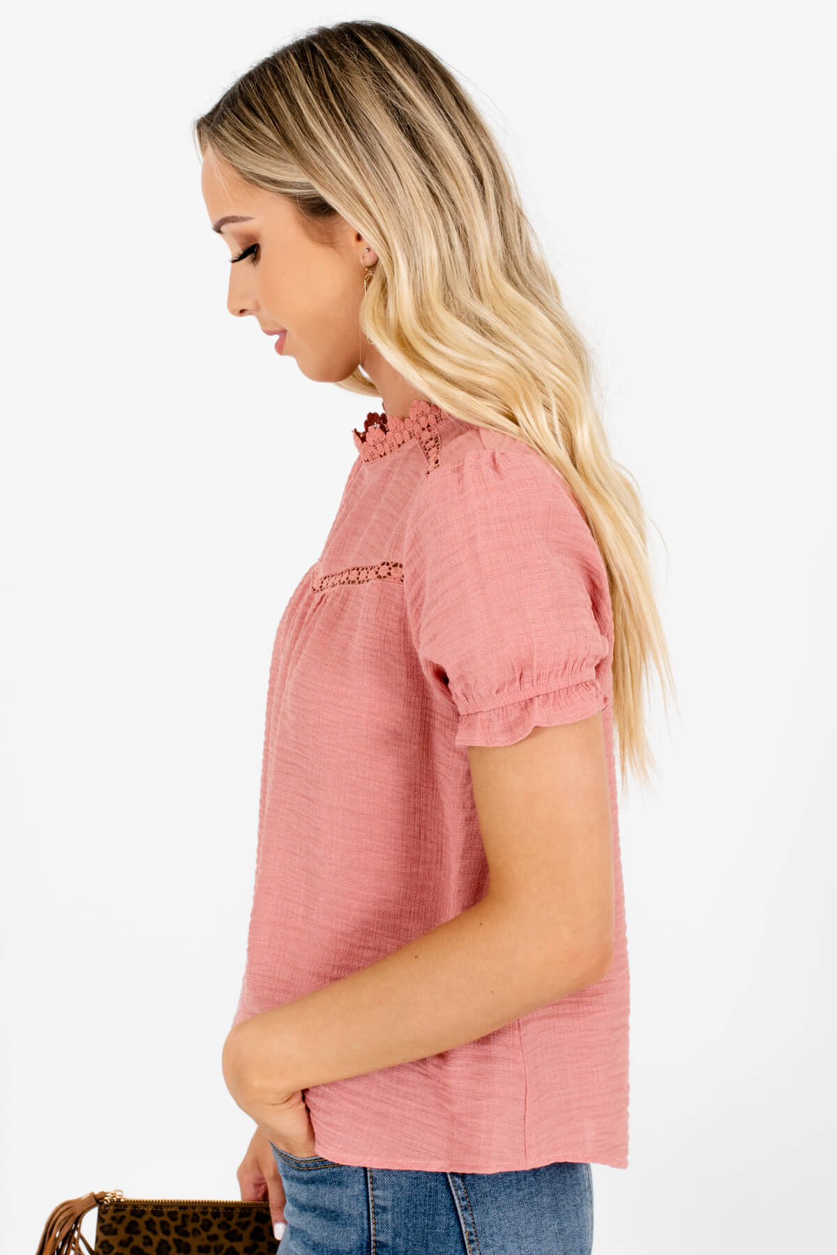 Women's Pink Elastic Ruffle Sleeve Boutique Blouse