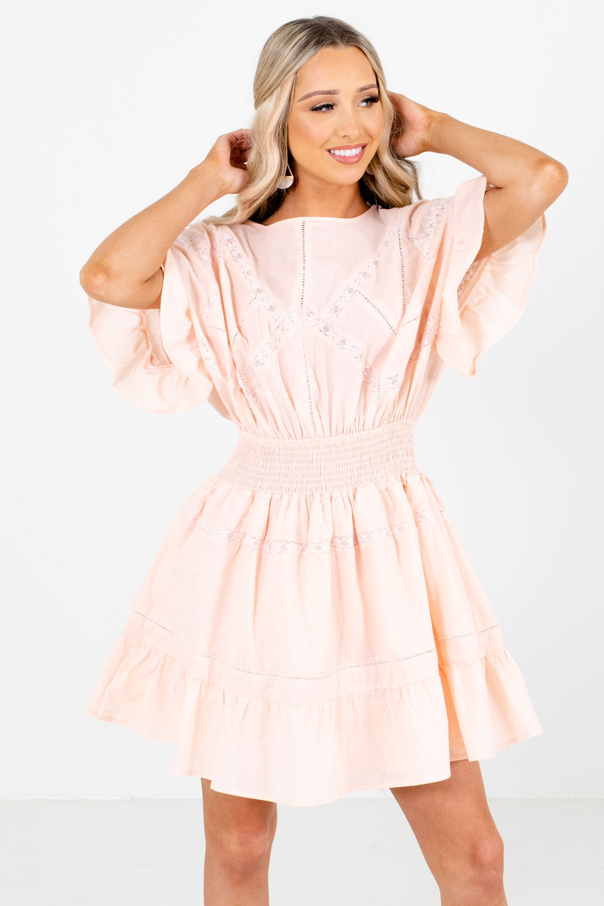 Light Pink Smocked Waistband Boutique Mini Dresses for Women