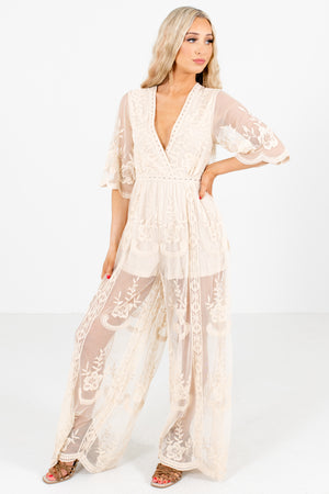 Cream High-Quality Lace Material Boutique Jumpsuits for Women