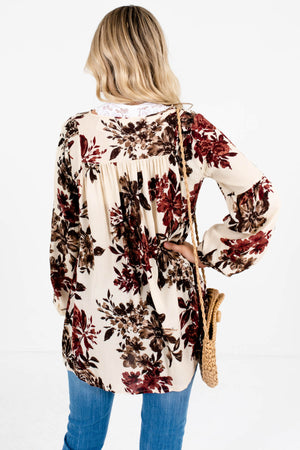 Cream Peasant Blouse with Burgundy and Brown Floral Print
