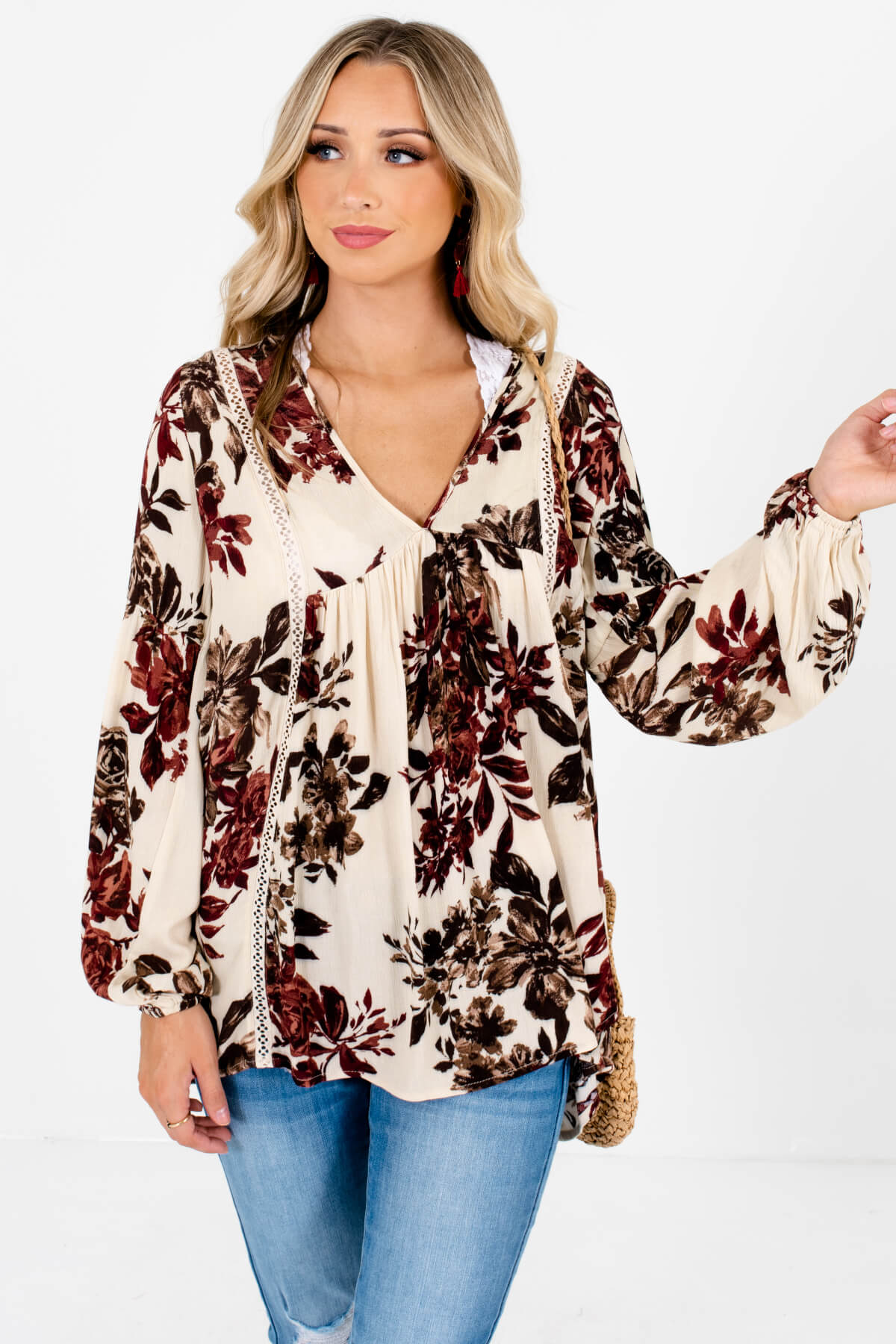 Cream Burgundy Brown Floral Peasant Blouses for Autumn