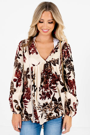 Cream Burgundy Brown Floral Print Fall Boutique Peasant Blouses