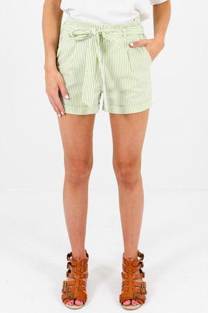 Green White Striped Shorts with Pockets and Waist-Tie Detail