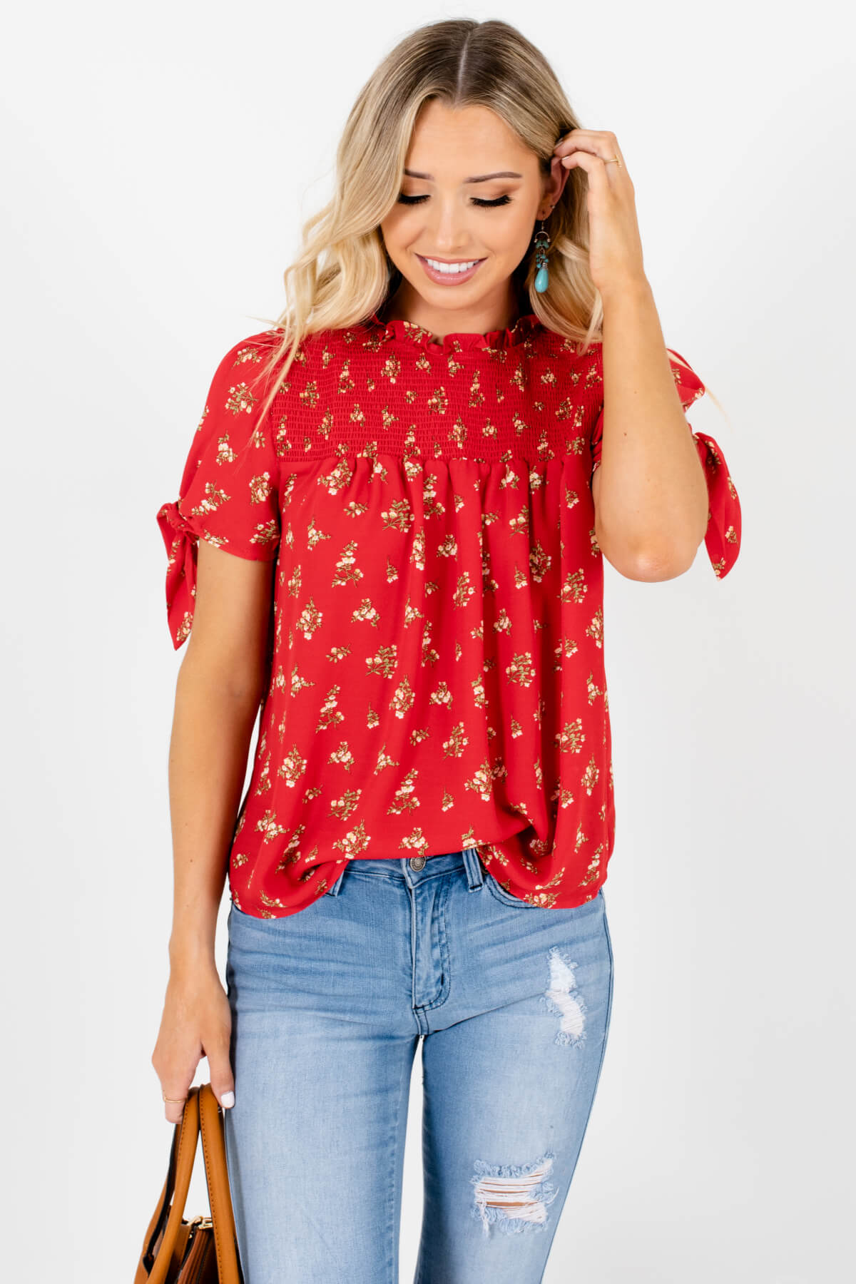 Red Floral Print Self Tie Sleeve Smocked Blouses for Women