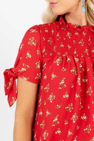 Red Floral Print Self-Tie Sleeve Smocked High Neckline Blouses