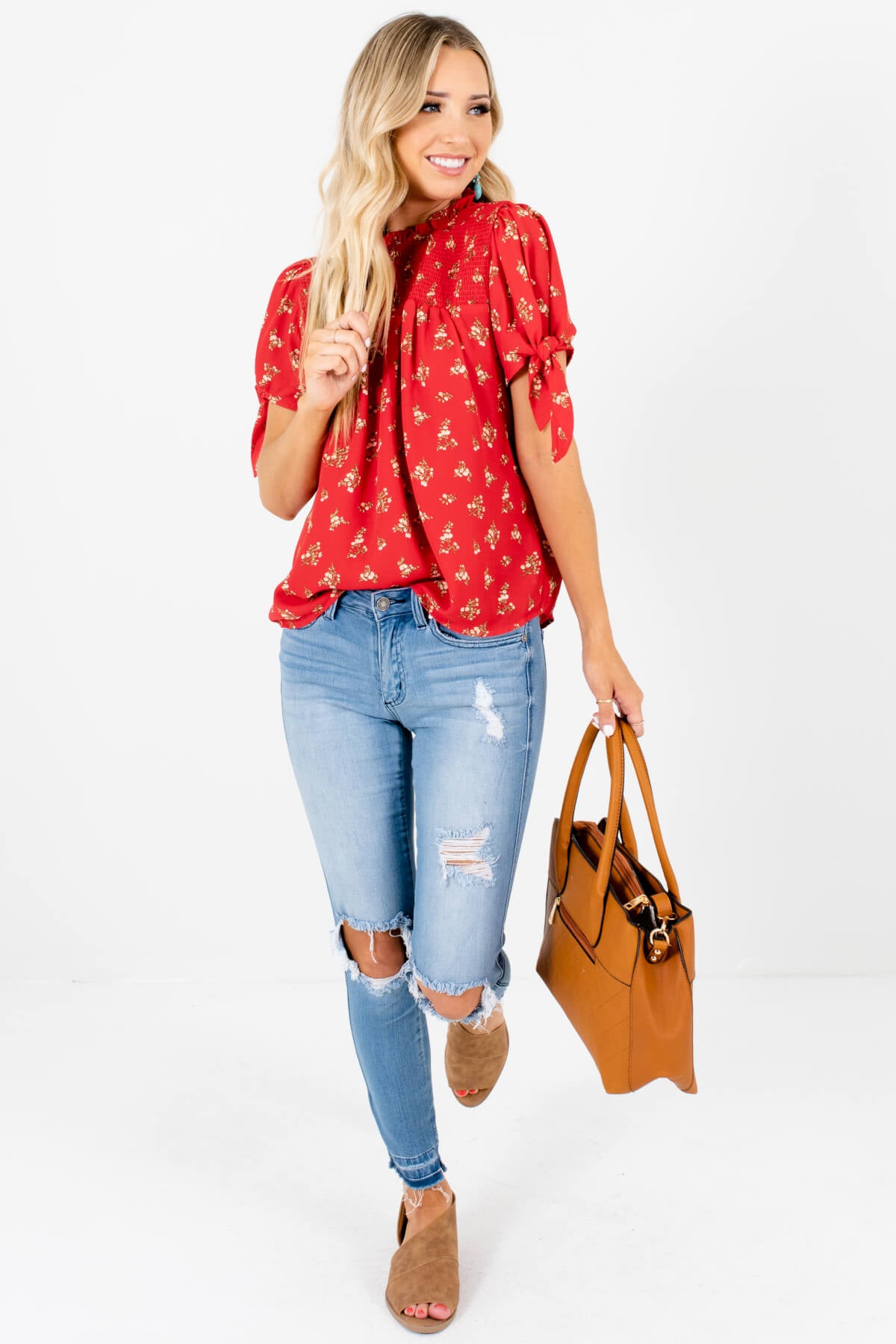 Red Floral Print Smocked Blouses Affordable Summer Outfits Boutique