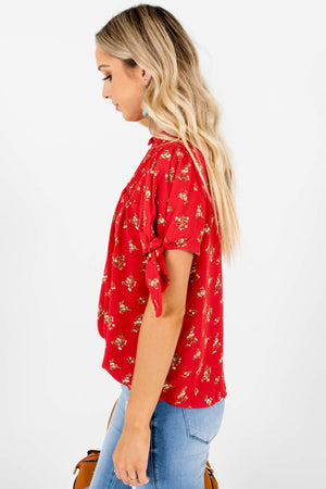 Red Floral Print Smocked Bow Sleeve Tops and Blouses Boutique