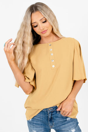 Mustard Decorative Button Boutique Blouses for Women