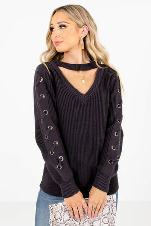 Charcoal Gray Cutout V-Neckline Boutique Sweaters for Women