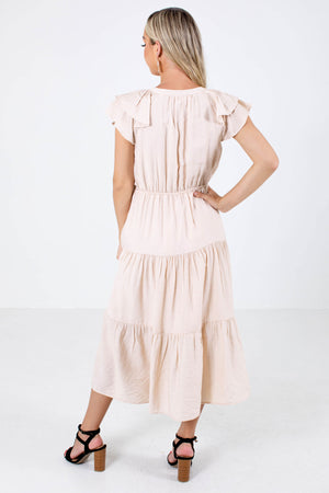 Women's Beige Ruffle Sleeve Boutique Midi Dress