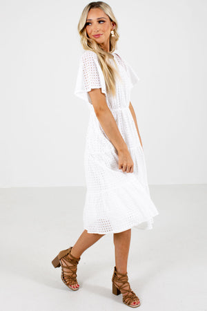 Women's White Elastic Waistband Boutique Knee-Length Dress