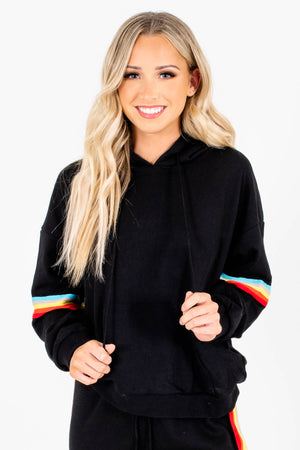 Black Multicolored Striped Boutique Hoodies for Women