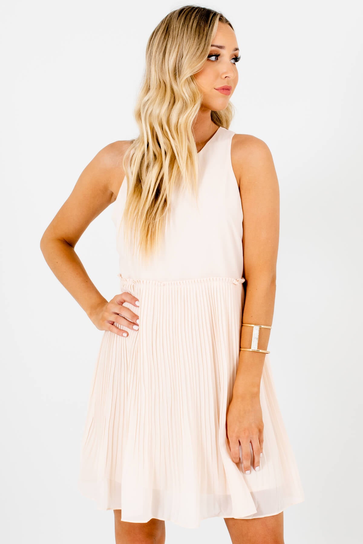 Peachy Cream Pleated Mini Dresses Affordable Online Boutique
