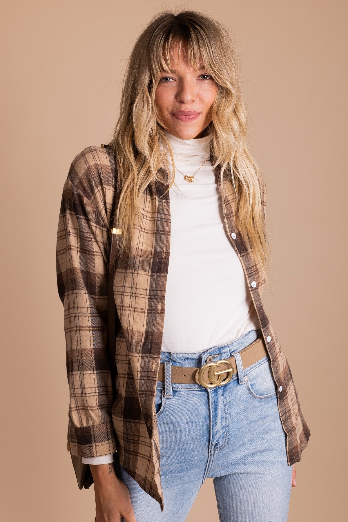 Women's Brown Plaid Button Up Shirt for Fall