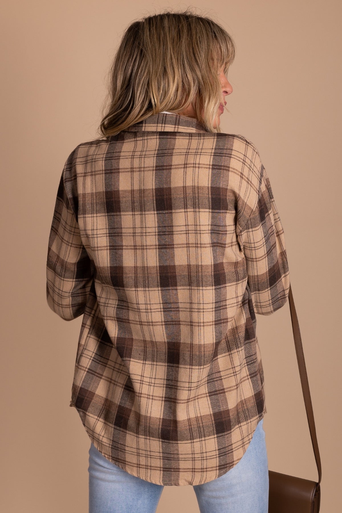 Plaid Brown Button Up Shirt For Women