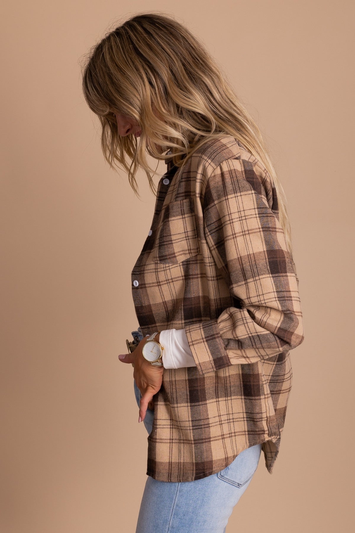 Light Brown and Dark Brown Button Up Top for Women