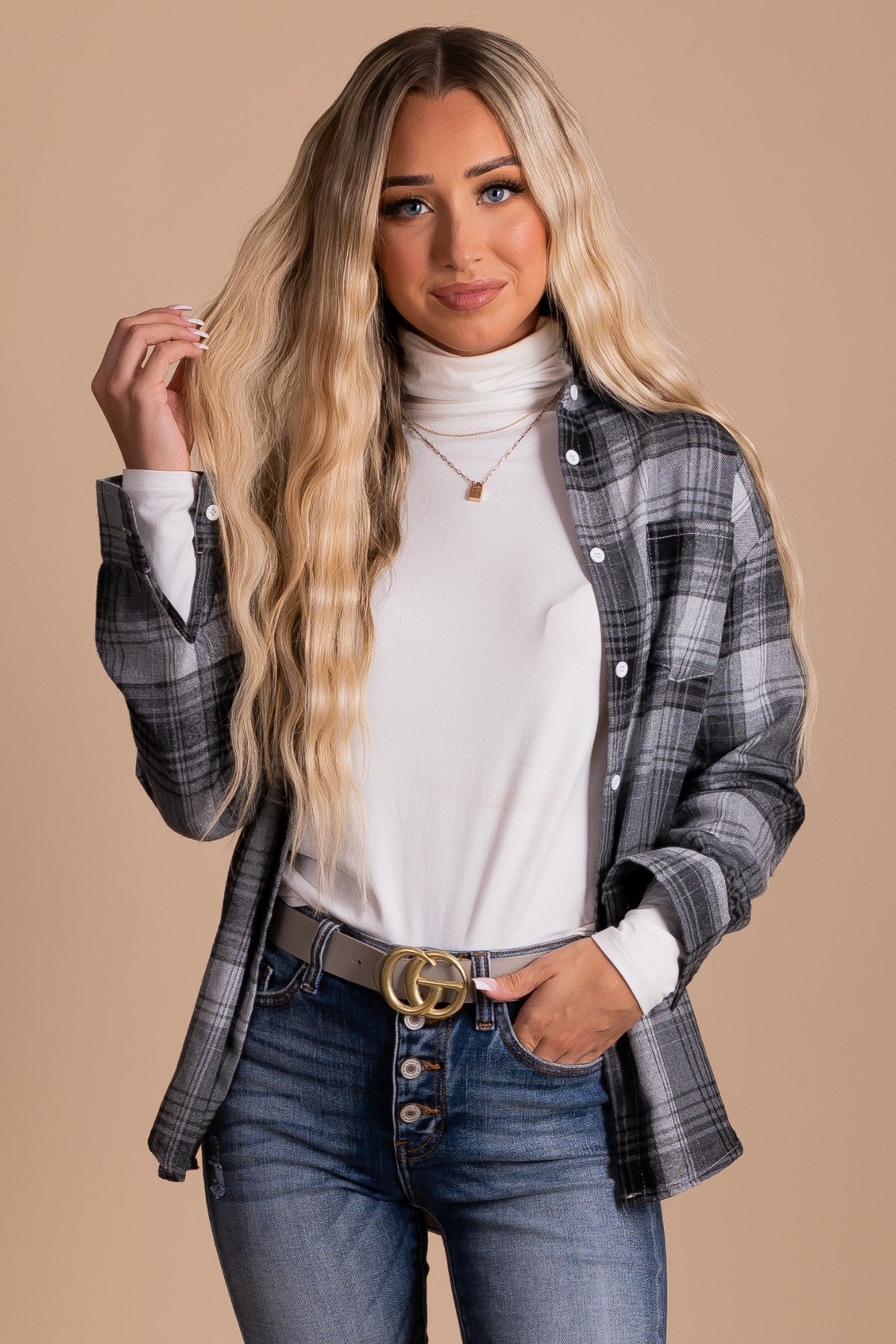 Women's Gray Plaid Button Up Shirt for Fall