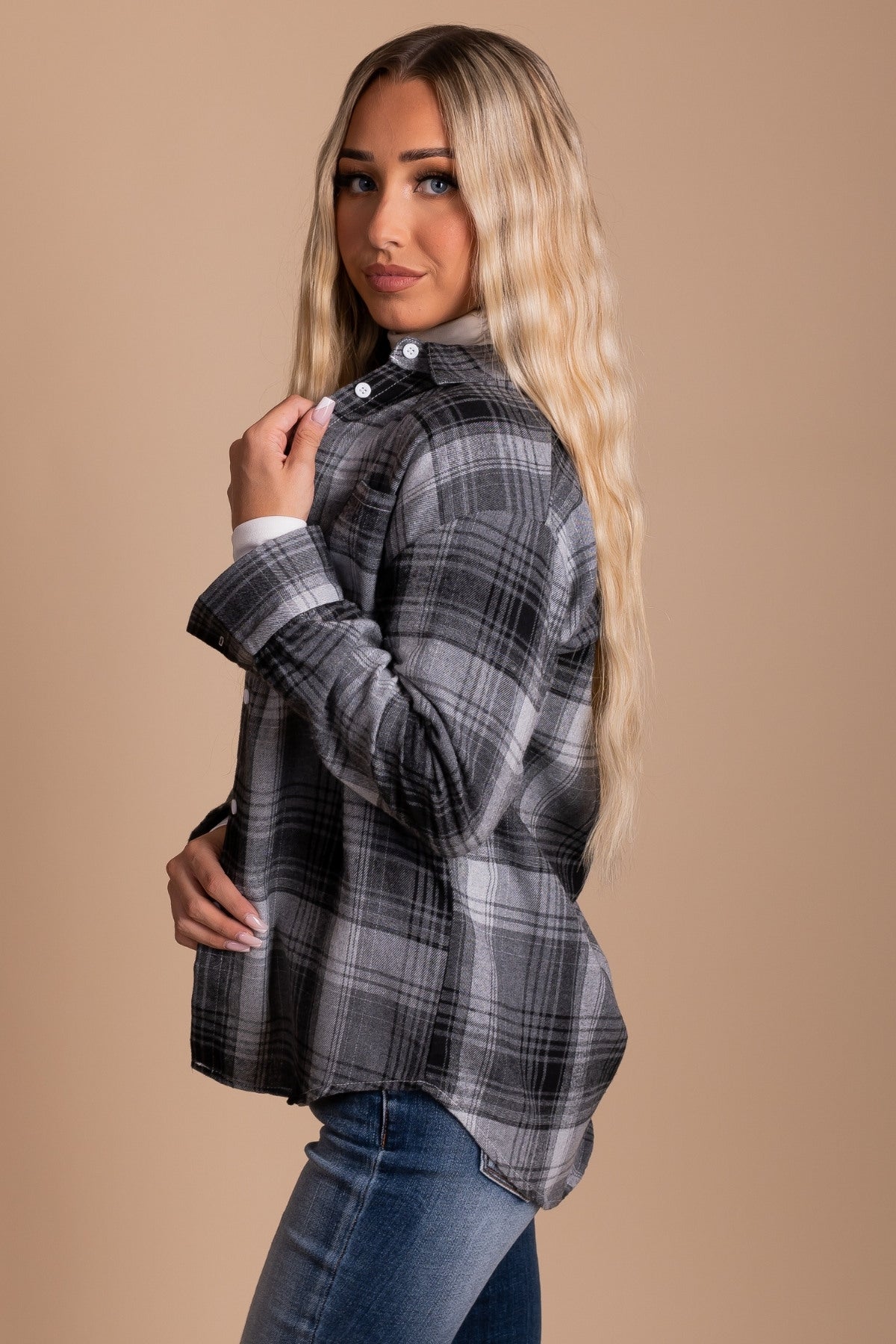 Light Gray and Dark Gray Button Up Top for Women
