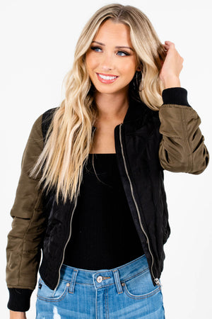 Black Olive Green Cropped Bomber Jackets for Women