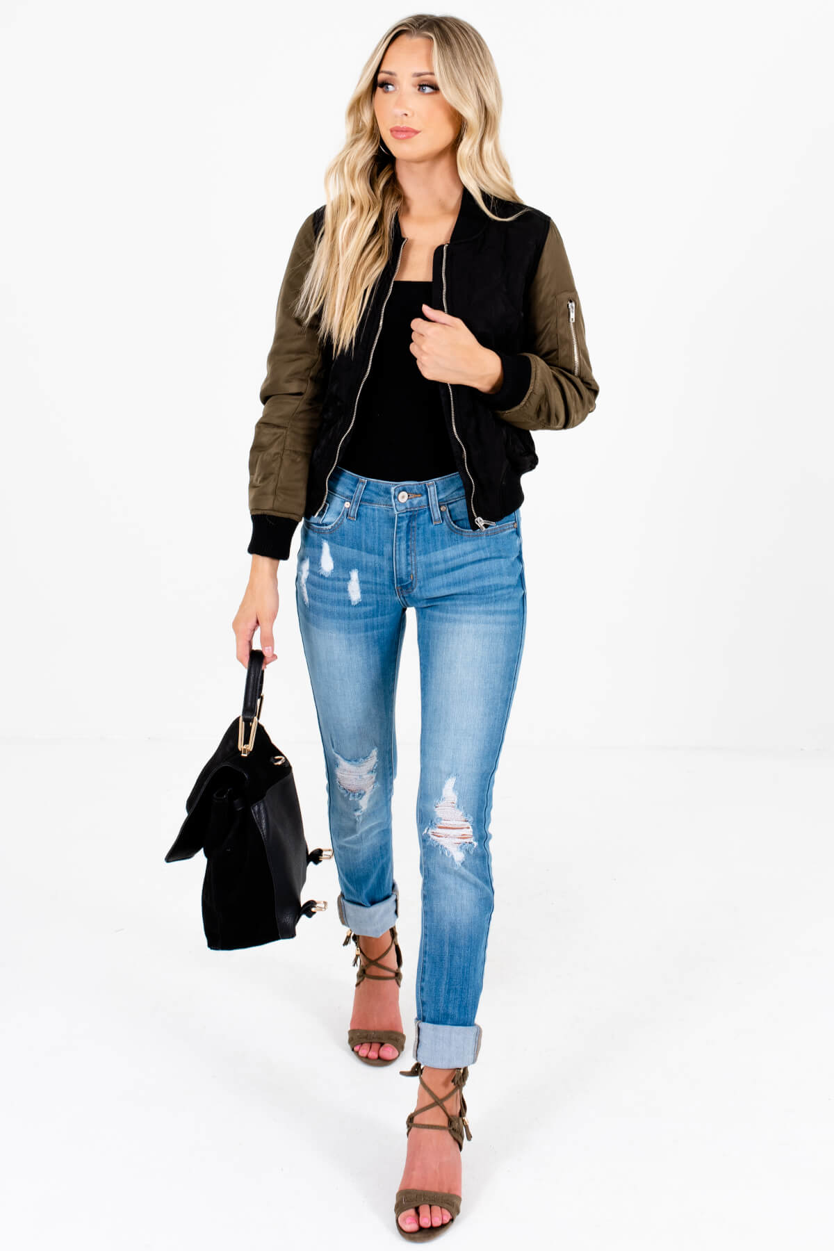 Black Olive Green Quilted Bomber Jackets for Women