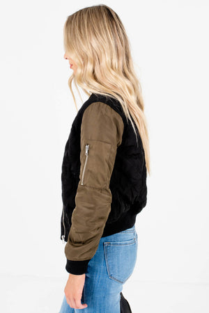 Black Olive Green Boutique Bomber Jackets with Zipper Pockets