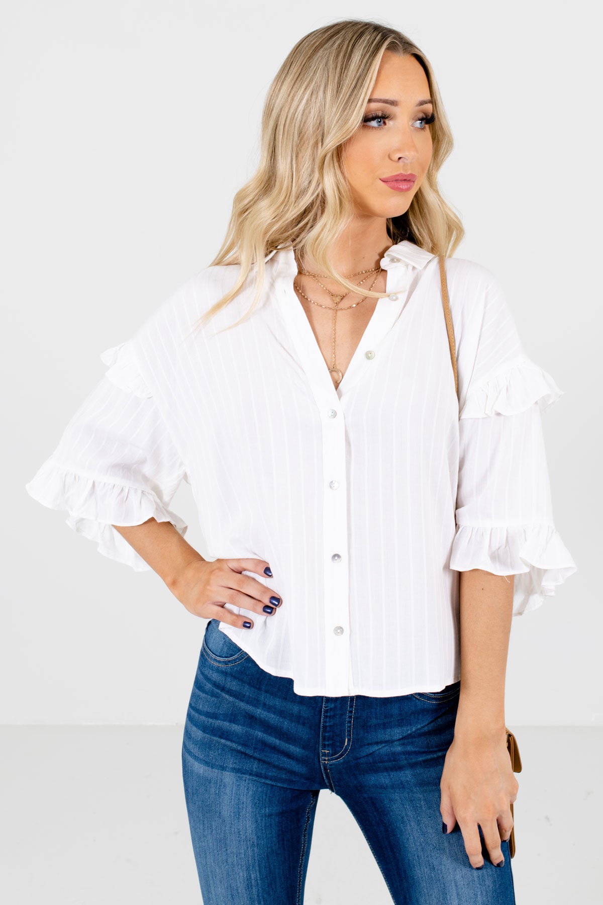 White Button-Up Front Boutique Blouses for Women