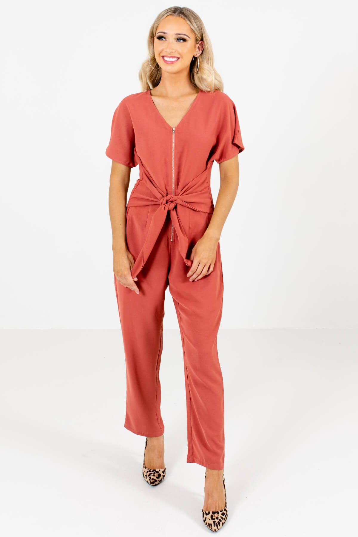 Dark Coral Zip-Up Bodice Boutique Jumpsuits for Women