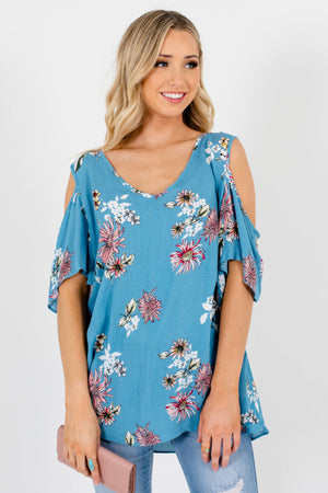 Blue Multicolored Floral Patterned Boutique Tops for Women