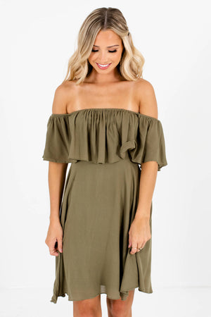Olive Green Ruffle Accented Boutique Mini Dresses for Women