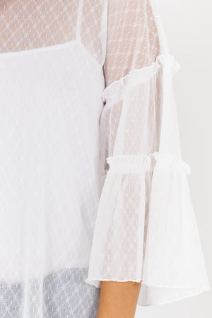 White Sheer Mesh Floral Polka Dot Bell Sleeve Tops for Women
