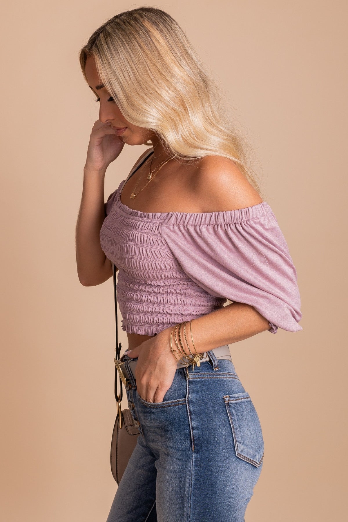 Boho Shirred Cropped Top With Short Sleeves in Lavender Purple