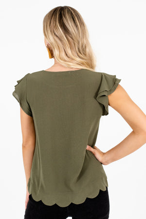 Women's Olive Green Tiered Ruffle Sleeve Boutique Blouse