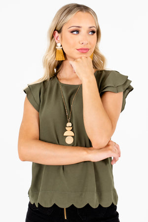Olive Green Lightweight Textured Material Boutique Blouses for Women