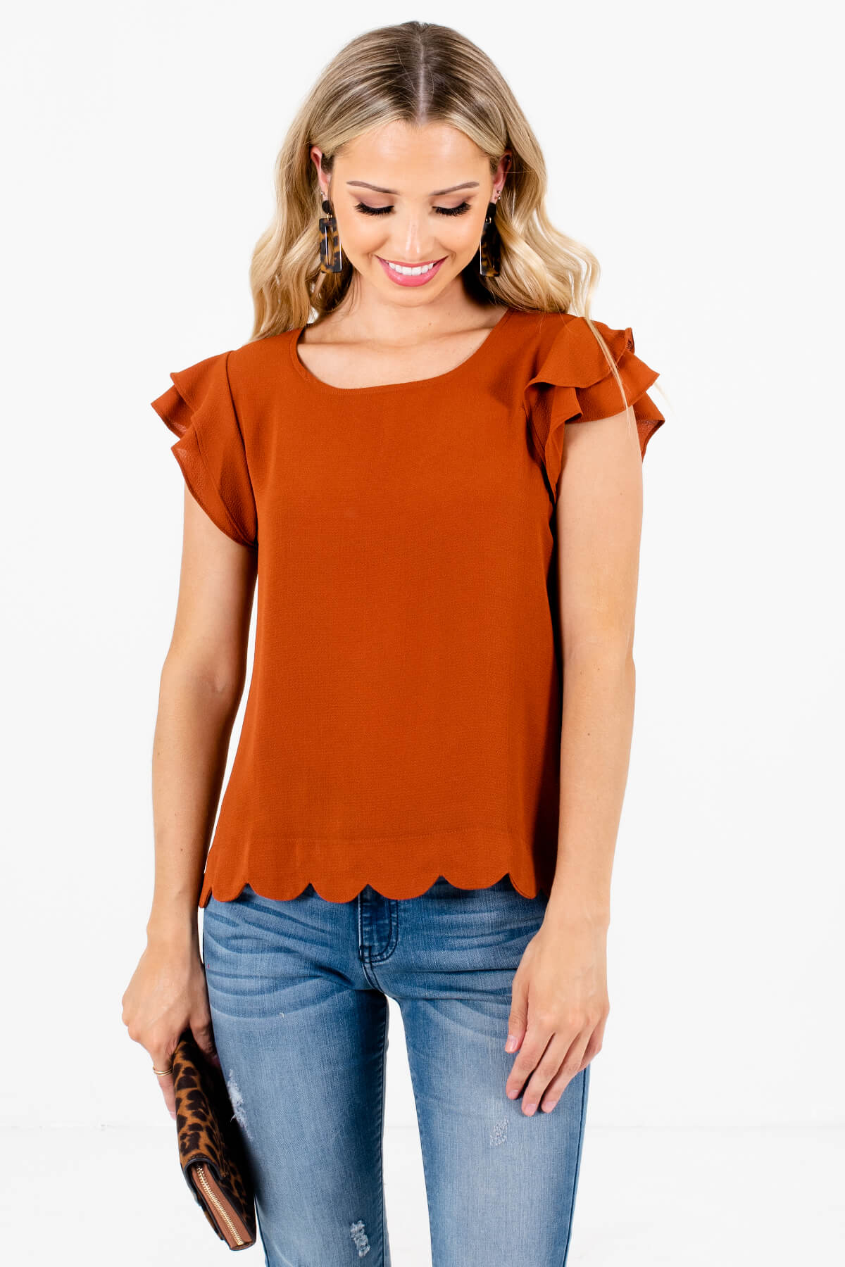 Rust Orange Lightweight Textured Material Boutique Blouses for Women
