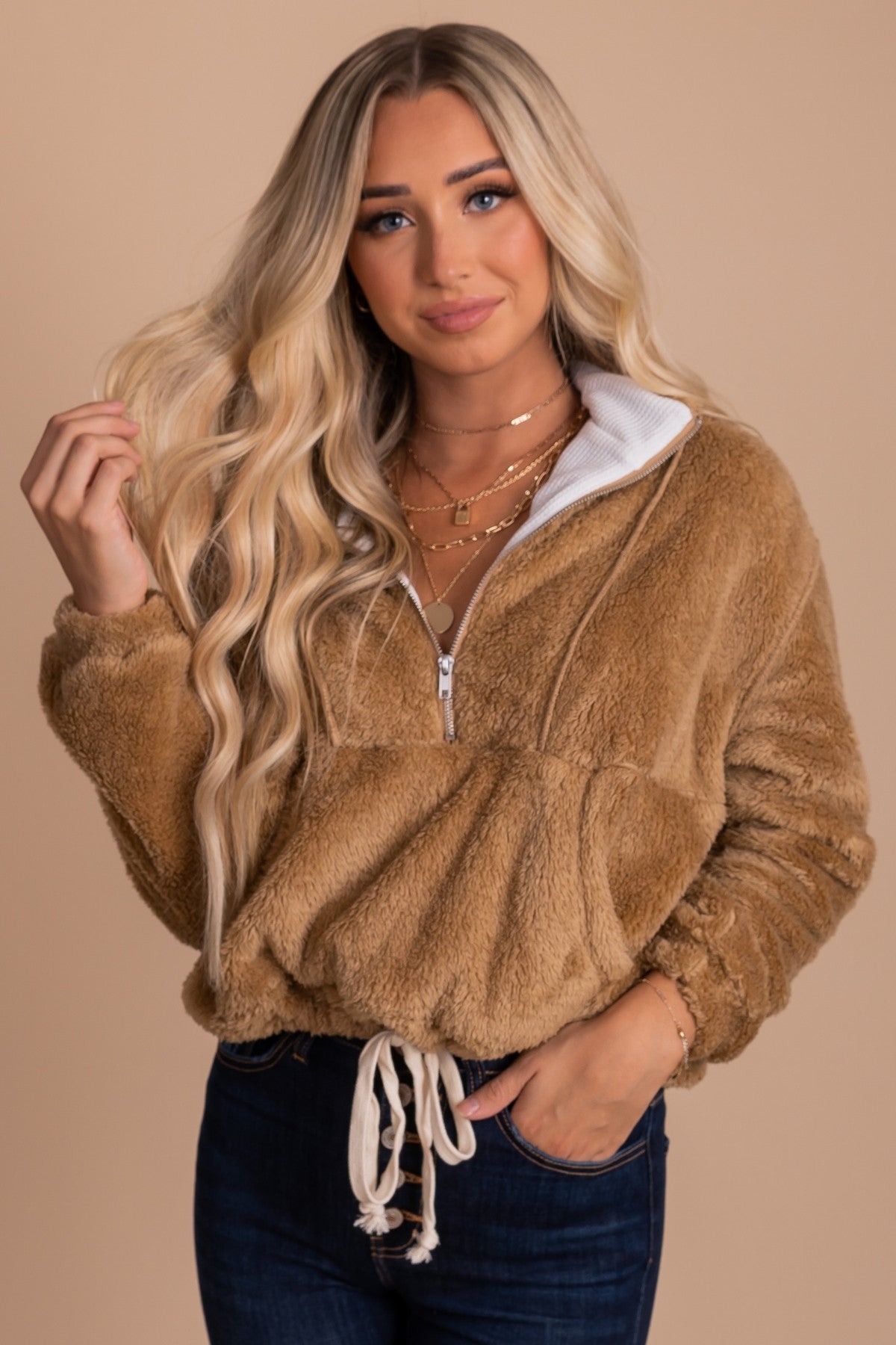 Women's Brown Fuzzy Pullover Jacket