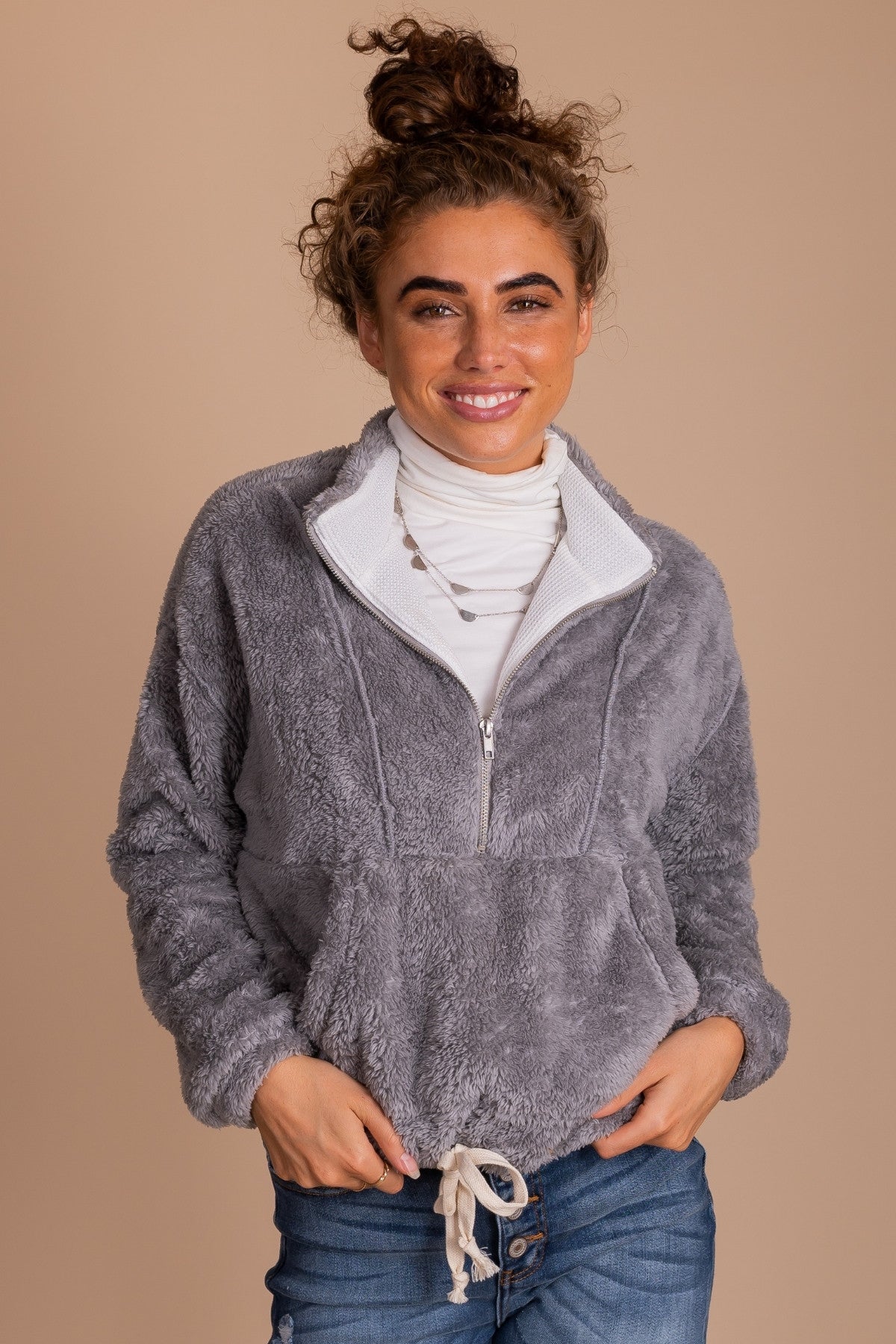 Gray Sherpa Fuzzy Pullover for Women