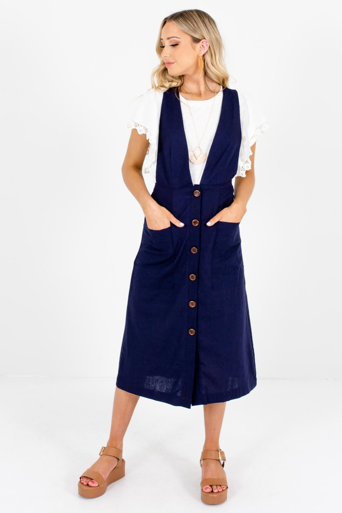 Women's Dark Blue Boutique Midi Dresses with Pockets