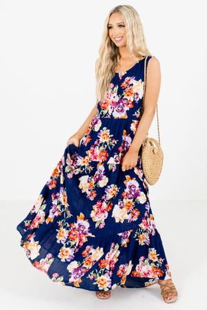 Navy Blue Multicolored Floral Patterned Boutique Maxi Dresses for Women
