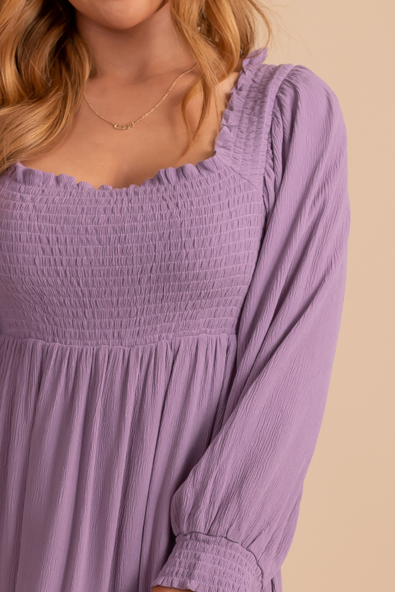 Purple Babydoll Smocked Short Dress with Long Sleeves