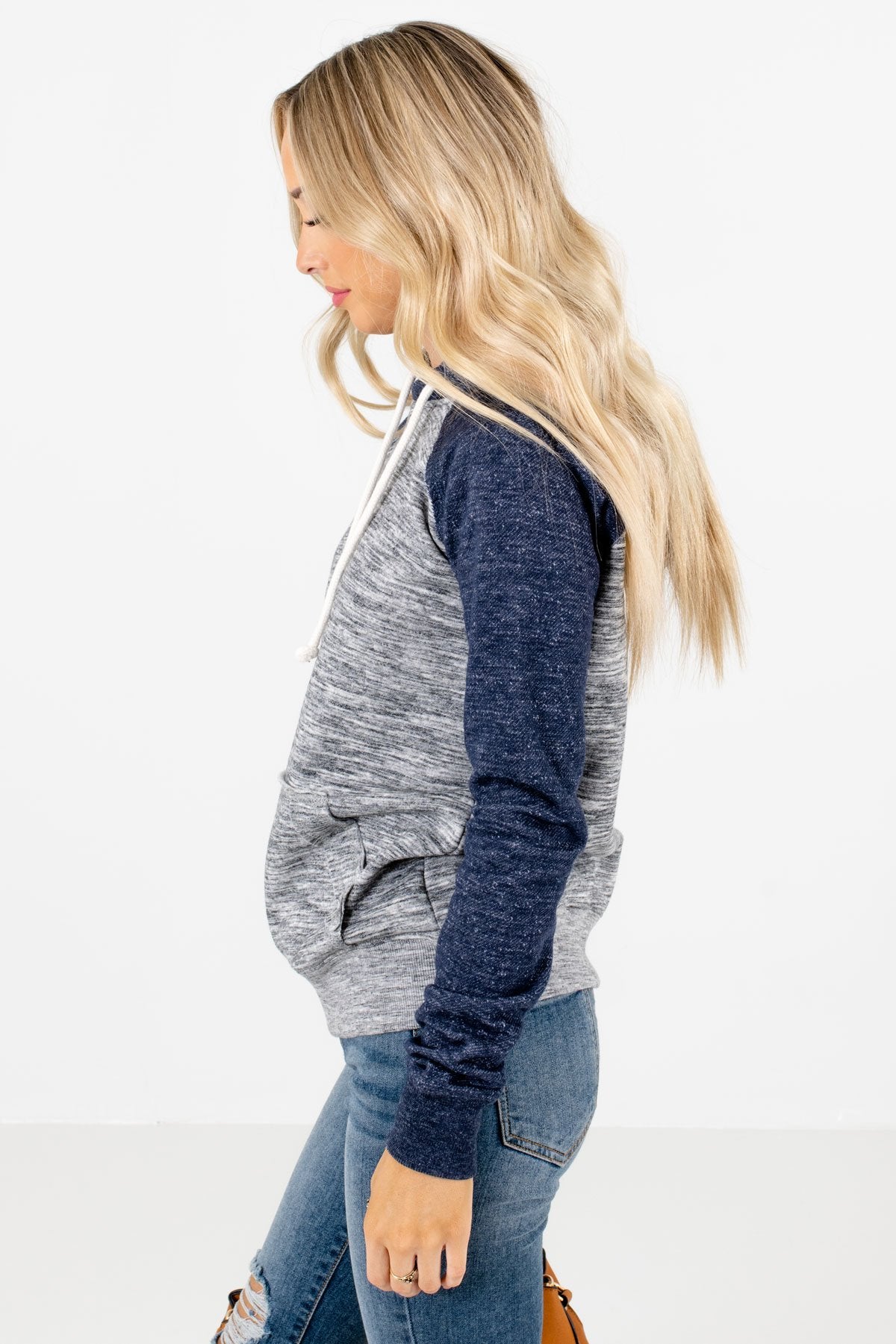 Navy Blue Drawstring Hood Boutique Hoodies for Women